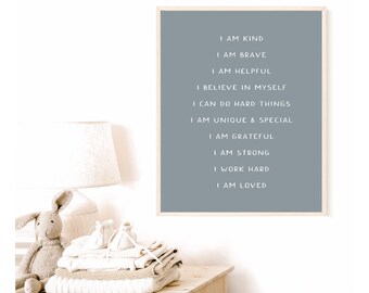 Affirmation wall art, positive affirmations for kids, Montessori playroom print, motivational print, blue boys room decor, boho nursery