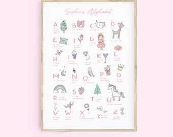 Personalised Alphabet Poster - girls alphabet printable, DIGITAL FILE ONLY, girls nursery alphabet, kids alphabet, personalized, playroom