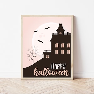 Happy Halloween printable, pink halloween wall art, halloween printable art, halloween party decor, boho print, haunted house