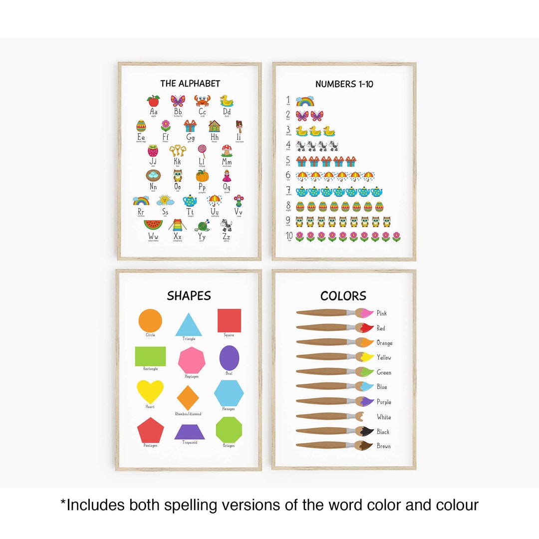 Educational Prints Set of 4 – Alphabet, Numbers, Shapes, Colors ...