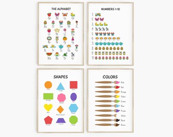 Educational Prints Set of 4 – Alphabet, Numbers, Shapes, Colors (Digital Download)