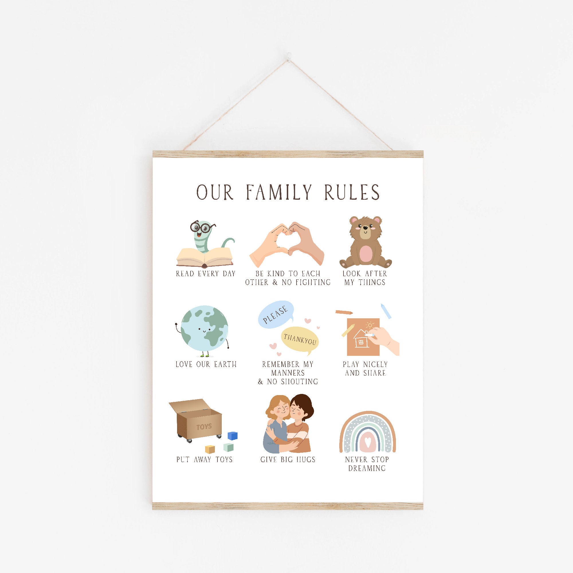 Kinderverhalten Poster, Familienregeln druckbar, Kleinkinder Strategien Montessori Poster, für Spielzimmer Decor, Chart, neutrales