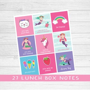 Notas de lonchera para niñas, notas de lonchera imprimibles, notas de lonchera preescolar, notas de lonchera de unicornio, notas de lonchera de sirena