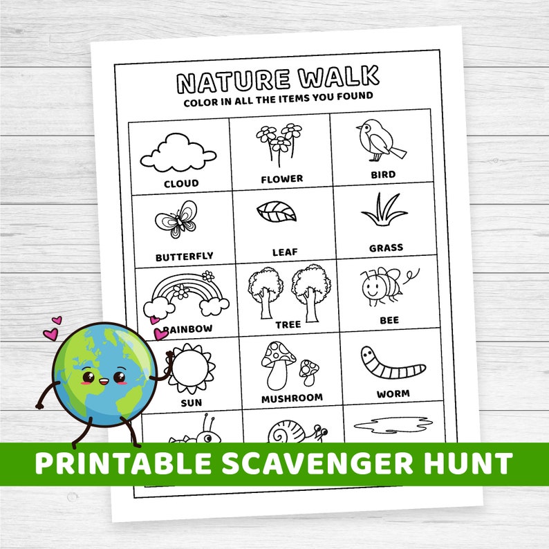 Earth Day Nature Walk Coloring Page, Kids' Scavenger Hunt (printable ...