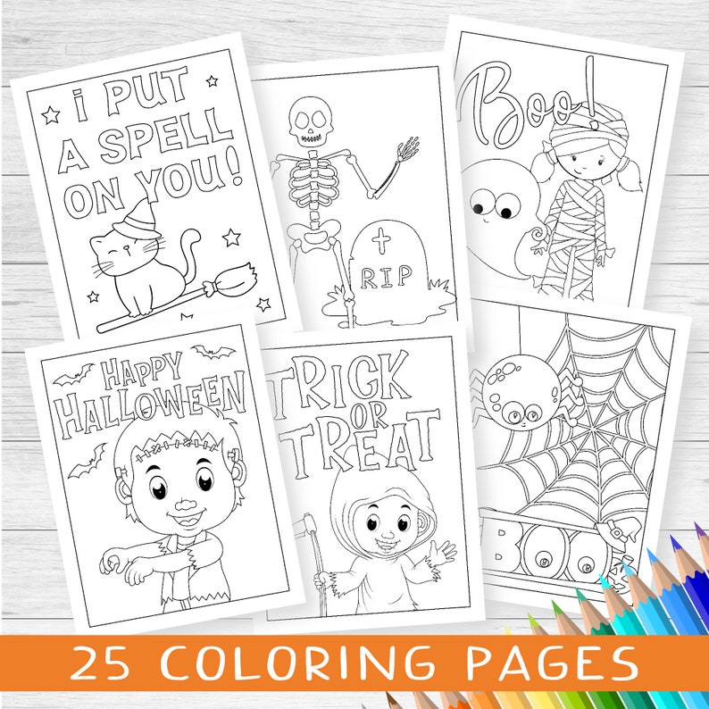 Op de afbeelding: Een set van 25 zwart-wit Halloween kleurplaten met verschillende griezelige karakters en thema's, waaronder een kat op een bezem, een skelet, een mummie, een spook, een spin, een Frankenstein-monster en de dood. De pagina's zijn klaar om in te kleuren met kleurpotloden, stiften of kleurpotloden.