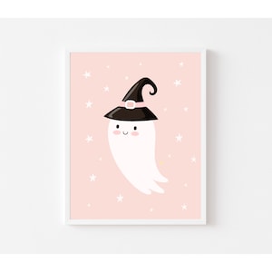 Cute ghost print, pastel halloween decor, halloween printable, girls halloween wall art, party decor, witches hat, boho print image 4