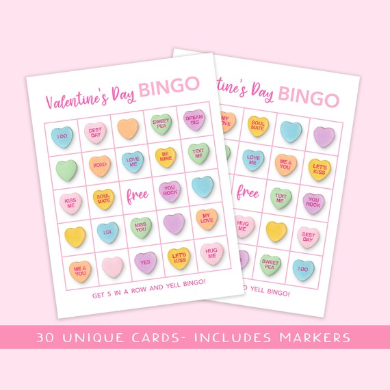 Valentine's Day Conversation Heart Bingo Game Printable Activity ...