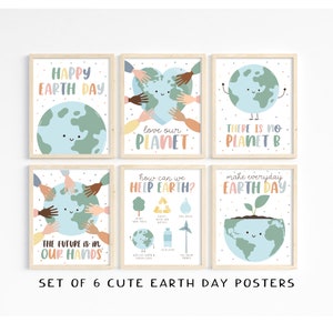 Cute Earth Day posters, set of 6, classroom decor, bulletin board display, Earth Day decor, boho neutral prints