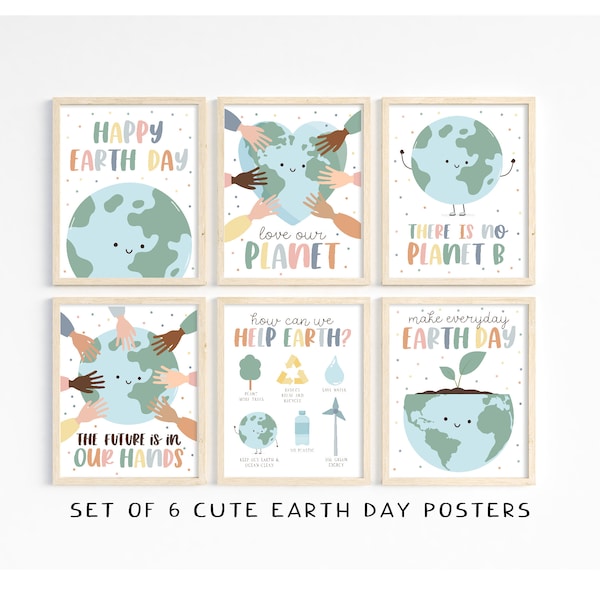 Cute Earth Day posters, set of 6, classroom decor, bulletin board display, Earth Day decor, boho neutral prints