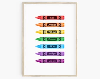 May include: A printable poster featuring a rainbow of crayons with the names of each color: red, orange, yellow, green, blue, indigo, and violet.