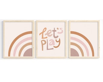 Boho Let's play wall art set of 3, neutral playroom prints, let's play sign, rainbow printable