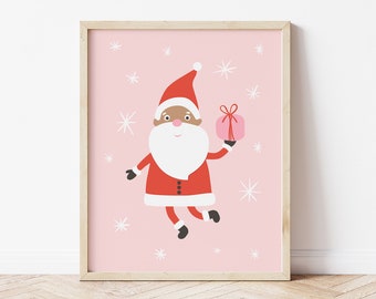 Santa Printable - Christmas wall art, pink Christmas print, whimsical Christmas, Christmas party decor