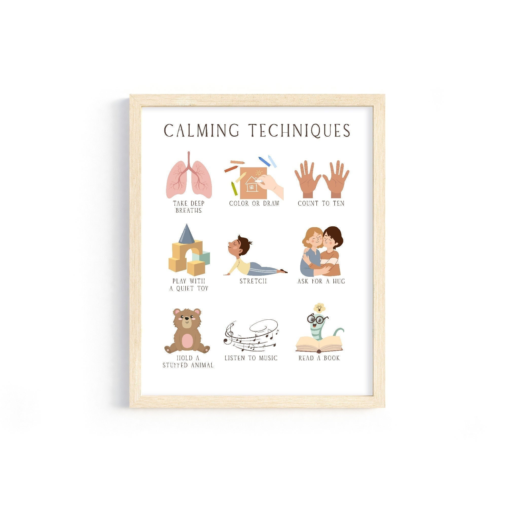 Calming techniques poster, calming corner, strategies Chart, Montessori Homeschool Decor, Boho classroom posters, neutral playroom decor