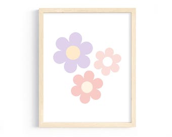 Art mural marguerite, décoration de chambre de fille, impression de chambre de bébé, impression florale, chambre de fille rétro, art pastel printanier