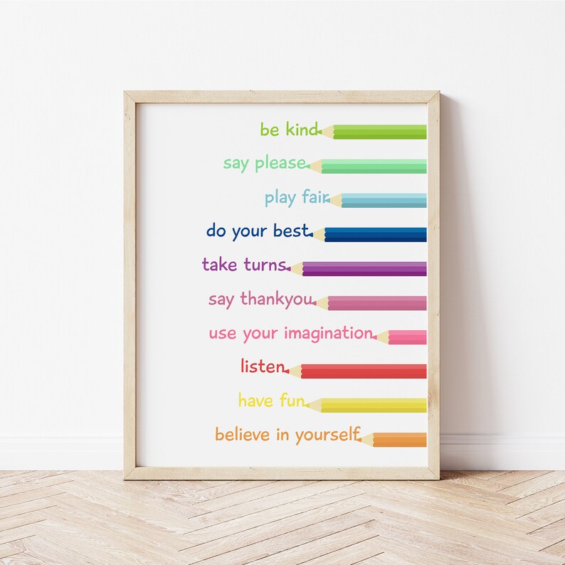 Puede incluir: Un p&oacute;ster imprimible con una lista de afirmaciones positivas para ni&ntilde;os, escritas en texto colorido con un l&aacute;piz dibujado junto a cada frase. Las frases incluyen "s&eacute; amable", "di por favor", "juega limpio", "haz lo mejor", "t&oacute;mate turnos", "di gracias", "usa tu imaginaci&oacute;n", "escucha", "divi&eacute;rtete", y "cree en ti mismo".