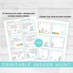 May include: Printable Easter egg hunt game with 18 rhyming clue cards, a starting card, and 6 blank cards. The cards feature a bunny rabbit, a car, and an egg with a rainbow. The text on the cards says "Let's celebrate Easter is here, have you heard the news? The next clue can be found where you keep your shoes."