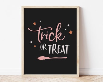 Trick or Treat Halloween-print – zwart-roze decor (digitale download)