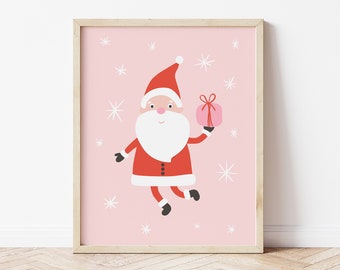 Cute Santa wall art- Christmas printable, pink Christmas print, girls Christmas decor, whimsical Christmas