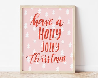 Holly Jolly Christmas Print – Pink Whimsical Wall Art (Digital Download)