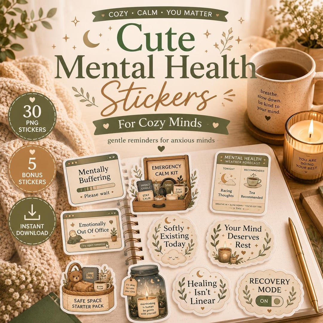 Mental Health Stickers PNG | Cozy Self Care & Emotional Wellness Bundle ...