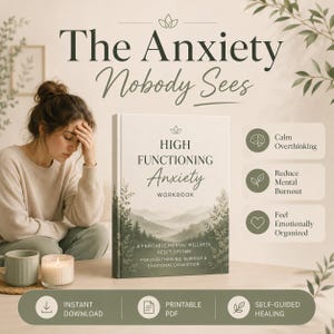 May include: A book titled "High Functioning Anxiety Workbook" with the text "The Anxiety Nobody Sees." The cover features a mountain landscape. Additional text includes "A Printable Mental Wellness Reset System" and icons for calm, burnout, and emotional organization.