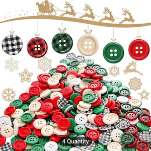 May include: A large pile of assorted Christmas-themed buttons in red, green, white, and black plaid. The buttons are made of wood and have a variety of designs, including plaid, solid colors, and polka dots. There are 4 different designs of buttons in the image. The text "4 Quantity" is visible at the bottom of the image.