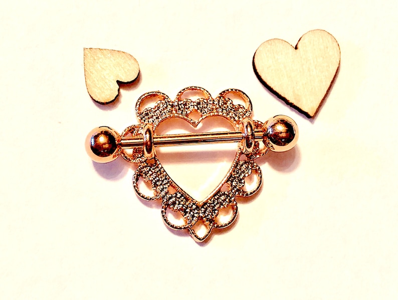Set of 2 16g OR 14g Rose Gold HEART Nipple Shields Valentine Removable Barbell Choice of 316L Steel or Rose Gold Barbell