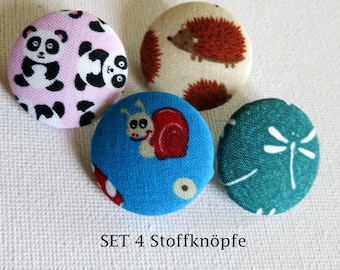Set of four fabric buttons. Hedgehog, dragonfly, panda, snail. For decorating or for hair ties, for example.