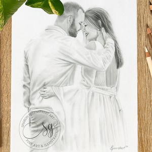 May include: A grayscale pencil drawing of a couple in an embrace. The man, with a beard, wears a shirt, and the woman is in a dress. The artwork is signed "Greensreet" and features the text "Sharon Greenstreet Art Fine Art & Illustration".