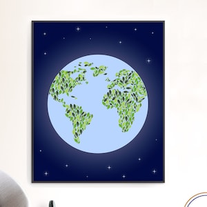 Eco Planet Erde Druck | Tag der Erde Poster | Umweltbewusstsein | Botanische Blatt Planetenkunst | Druckbar oder gedruckt, versandt und geliefert