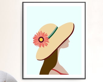 Impresión de sombrero de playa de verano / Cartel veraniego moderno / Arte navideño / Obra de arte única de sombrero de paja / Descargable o impresa, enviada y entregada