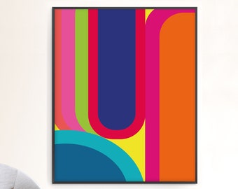 Obra de arte abstracta multicolor vibrante / Impresión geométrica colorida / Póster retro de los 70 / Collage brillante / Descargable o impreso y enviado