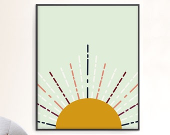 Arte de la pared del sol naciente / Cartel del sol poniente / Impresión de rayos de sol felices / Arte minimalista moderno brillante feliz / Descargable o impreso y enviado
