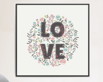 Floral Love Sign | Blooming Watercolour Roses Poster | Elegant Typography Love Text Print | Downloadable Or Printed Shipped