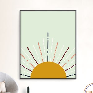 Arte de la pared del sol naciente / Cartel del sol poniente / Impresión de rayos de sol felices / Arte minimalista moderno brillante feliz / Descargable o impreso y enviado
