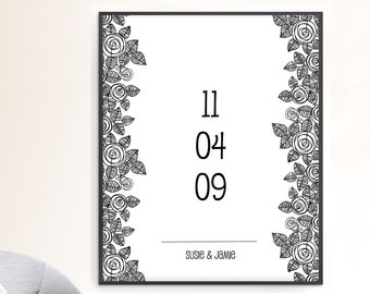 Impresión personalizada de fechas de aniversario / Póster moderno de rosas personalizadas / Arte de pared de regalo de boda / Descargable o impreso, enviado y entregado