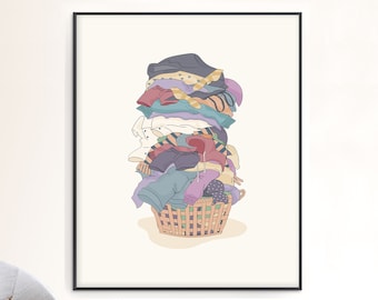 Lámina para lavandería / Póster para cuarto de servicio / Regalo para inauguración de casa / Ilustración de ropa apilada / Descarga digital o impresa, envío y entrega a domicilio