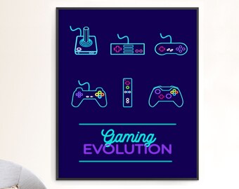 Arte de consolas / Impresión de evolución de juegos / Arte de sala de videojuegos / Cartel de jugador de consolas de controlador de neón / Descargable o impreso y enviado