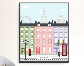 Lámina con escena de Londres / Póster luminoso de Londres / Ilustración del horizonte de una ciudad del Reino Unido / Decoración colorida para el hogar / Descarga digital o impresa, con envío y entrega a domicilio