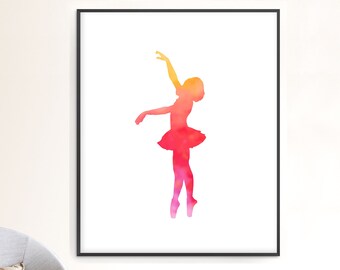 Impresión de bailarina de acuarela / Decoración de pared de ballet para niños / Arte de bailarina rosa y amarilla / Impresión de danza para niñas / Descargable o impresa y enviada