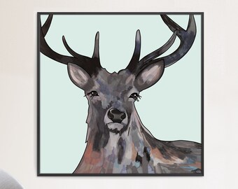 Cuadro decorativo de ciervo pintado / Lámina con ilustración invernal / Póster de cabeza de ciervo / Decoración para el hogar con motivos animales / Descargable o impreso, envío y entrega a domicilio
