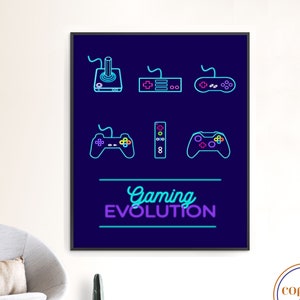 May include: A framed poster with a dark blue background features neon-style illustrations of gaming controllers. The text "Gaming Evolution" is written in a neon style. The poster is displayed on a white wall.