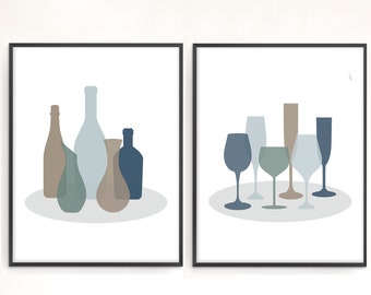 Láminas de botellas y copas de vino en tonos pastel / Pósteres minimalistas a juego para la cocina / Juego de 2 artículos de decoración para el hogar / Descarga digital o impresión con envío a domicilio