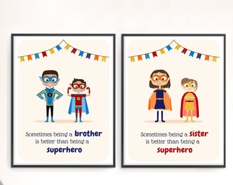 Lámina artística de superhéroes para hermanos / Recuerdo para hermanos recién nacidos / Decoración para habitación infantil: ¡Mejor que ser un superhéroe! / Para imprimir o impresa y entrega a domicilio