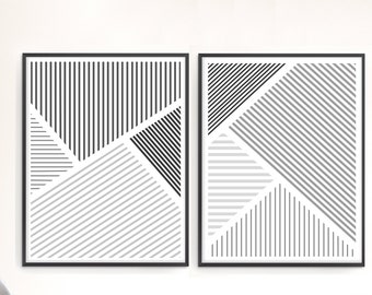 Arte lineal abstracto moderno / Juego de 2 láminas a juego / Decoración geométrica monocromática gris para el hogar estilo escandinavo / Imprimible o impreso y enviado