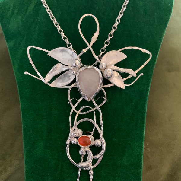 Evenstar: recycled sterling silver with moonstone and carnelian. Statement necklace, handmade, unique, art piece