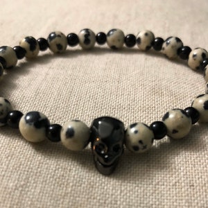 Positivity and Playfulness Dalmatian Jasper Skull Bracelet