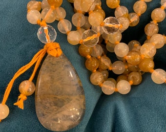 Trust your instincts : Mala Necklace 108 + 1 Beads. 8mm Golden Healer Quartz with Yellow Fluorite pendant and hand-knotted thread