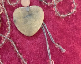 Choir of Angels: Clear Quartz and Selenite With Celestite beads and heart pendant 6mm 108 + 1 Mala Beads with hand-knotted thread