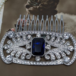 Eva Sapphire Blue Art Deco Vintage Style Crystal Bridal Hair Comb 1920’s Wedding Prom Flapper Bridesmaid Something Blue